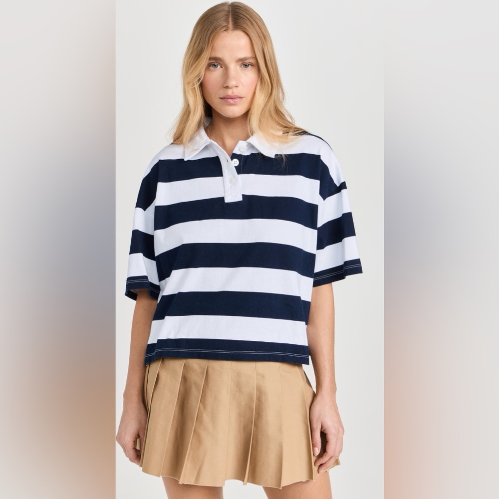 Stateside Red & Navy Rugby Stripe Short Sleeve Boxy Polo- Small- Like new!
